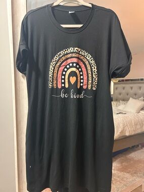 Black Graphic Tee Dress with 'Be Kind' Rainbow
